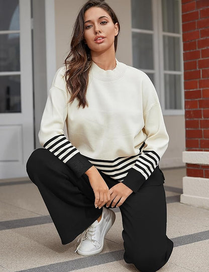 Tanming Women's Lounge Sets 2 Piece Outfits Knitted Pullover Sweater Tops Wide Leg Pants Tracksuit