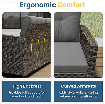 Wisteria Lane 4 Piece Patio Furniture Set, Wicker Outdoor Patio Conversation Furniture Set, All Weather Outdoor Patio Sofa with Cushion and Wood Table, Gray Wood