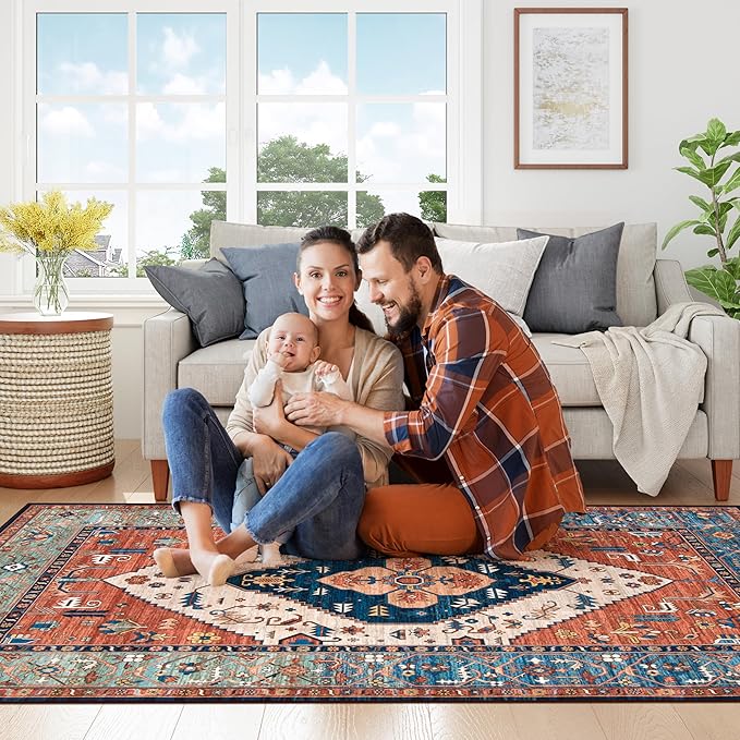 Lahome Area Rugs 9x12 Living Room - Boho Non-Slip Washable Rug Ultra-Thin Stain Resistant Large Carpet Throw Non Shedding Dining Room Mat, Oriental Print Carpet for Bedroom Guest Room (Rust, 9'x12')