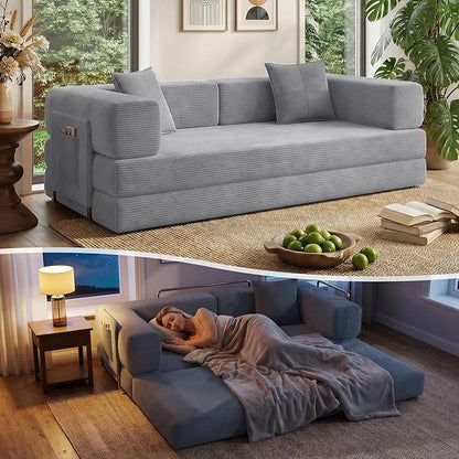 Fancyfire 78.8" Convertible Sofa Bed with Armrest Pillow,4-in-1 Sleeper Couch Bed for Livingroom,Modular Corduroy Boneless couches,No Assembly (Grey)