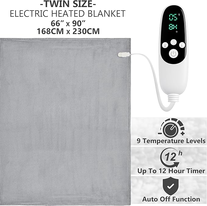 Heated Blanket Electric Luxurious Fleece Twin Blanket, 9 Heat Settings & 12H