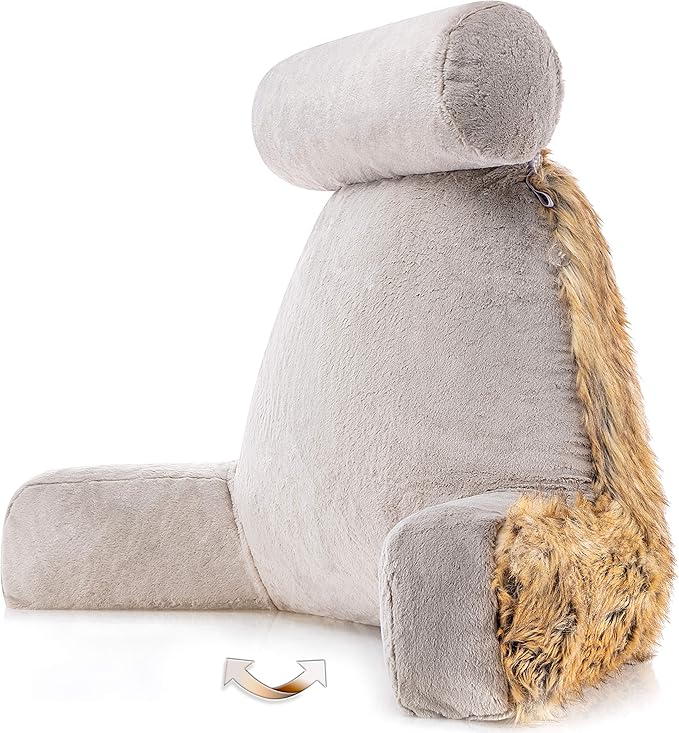Husband Pillow XXL Ultra Rare Baby Amber Fox Fabulous Faux Fur Backrest, Two-Tone Reversible Double Sided Reading & Bed Rest Pillow with Arms & Neck Roll, Adjustable Memory Foam - Extremely Comfy