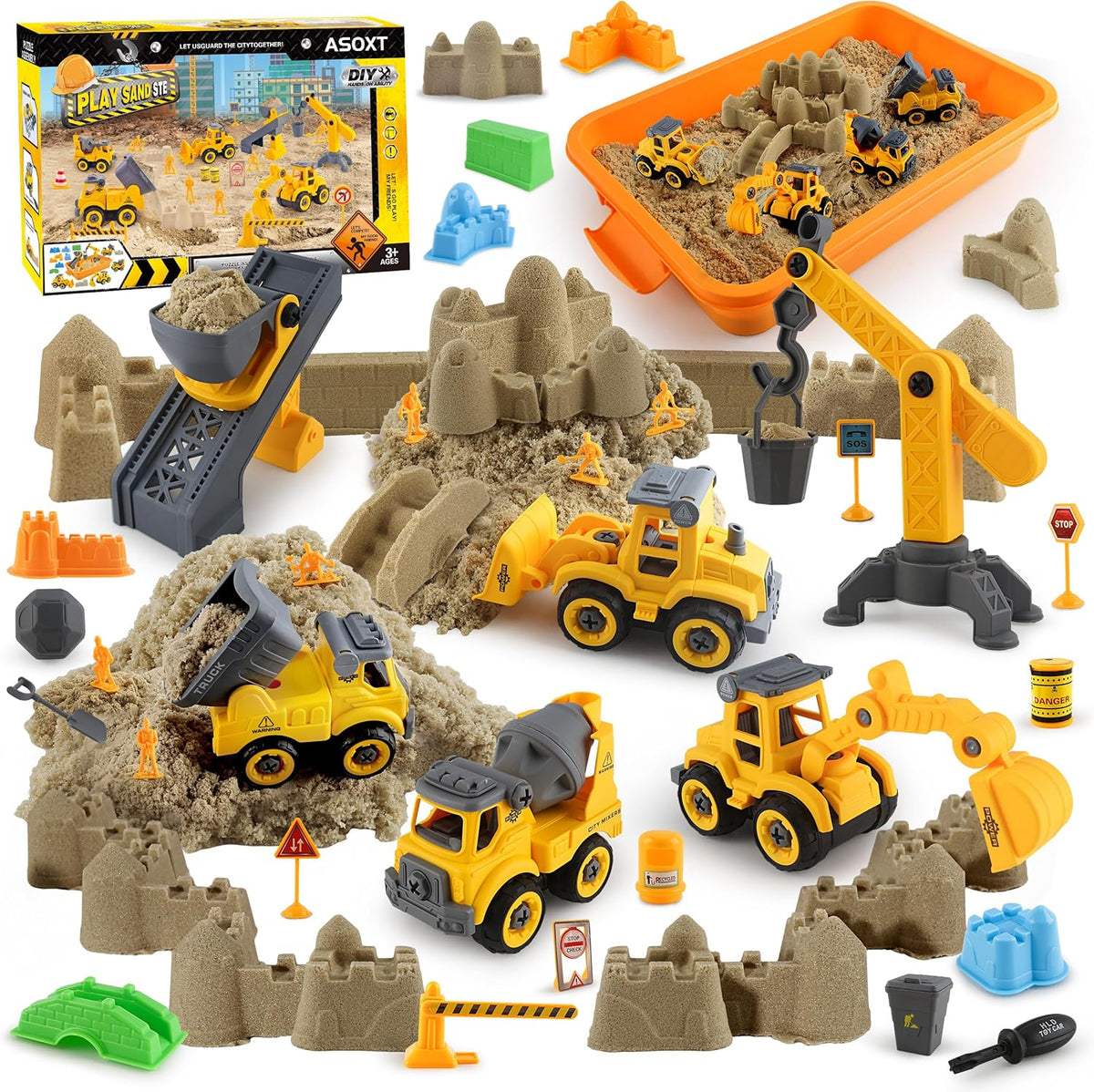 Asoxt 43-Piece Construction Sensory Playset – 2 lbs Play Sand, 4 DIY Trucks, Crane & Road Signs – Creative Sandbox Toy for Kids Ages 3+
