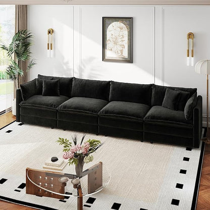 Aoowow Modular Sectional Sofa,147.2 Inch Deep 4-Seater Sofas Comfy Chenille Cloud Sofas and Couches with Pillows for Living Room Apartment（Black）