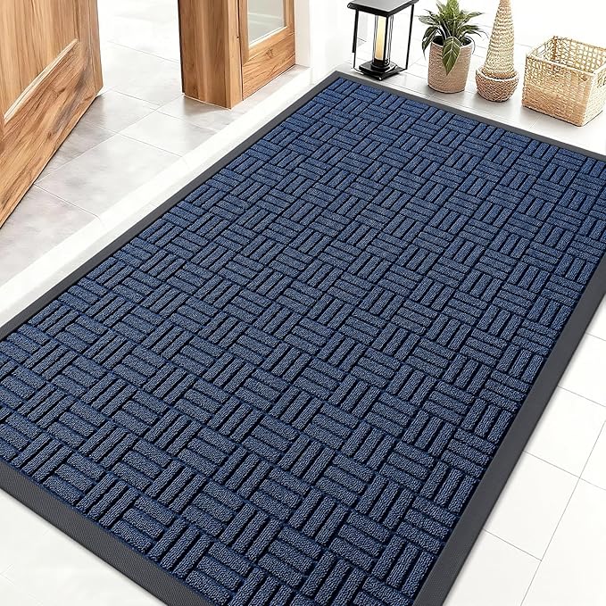OLANLY Front Door Mat Outside Entrance 47x32, Absorbent, Heavy Duty Sturdy Natural Rubber Doormat Indoor Outdoor, Non-Slip, Stain and Fade Resistant, Low Profile Floor Mat for Entryway, Navy Blue