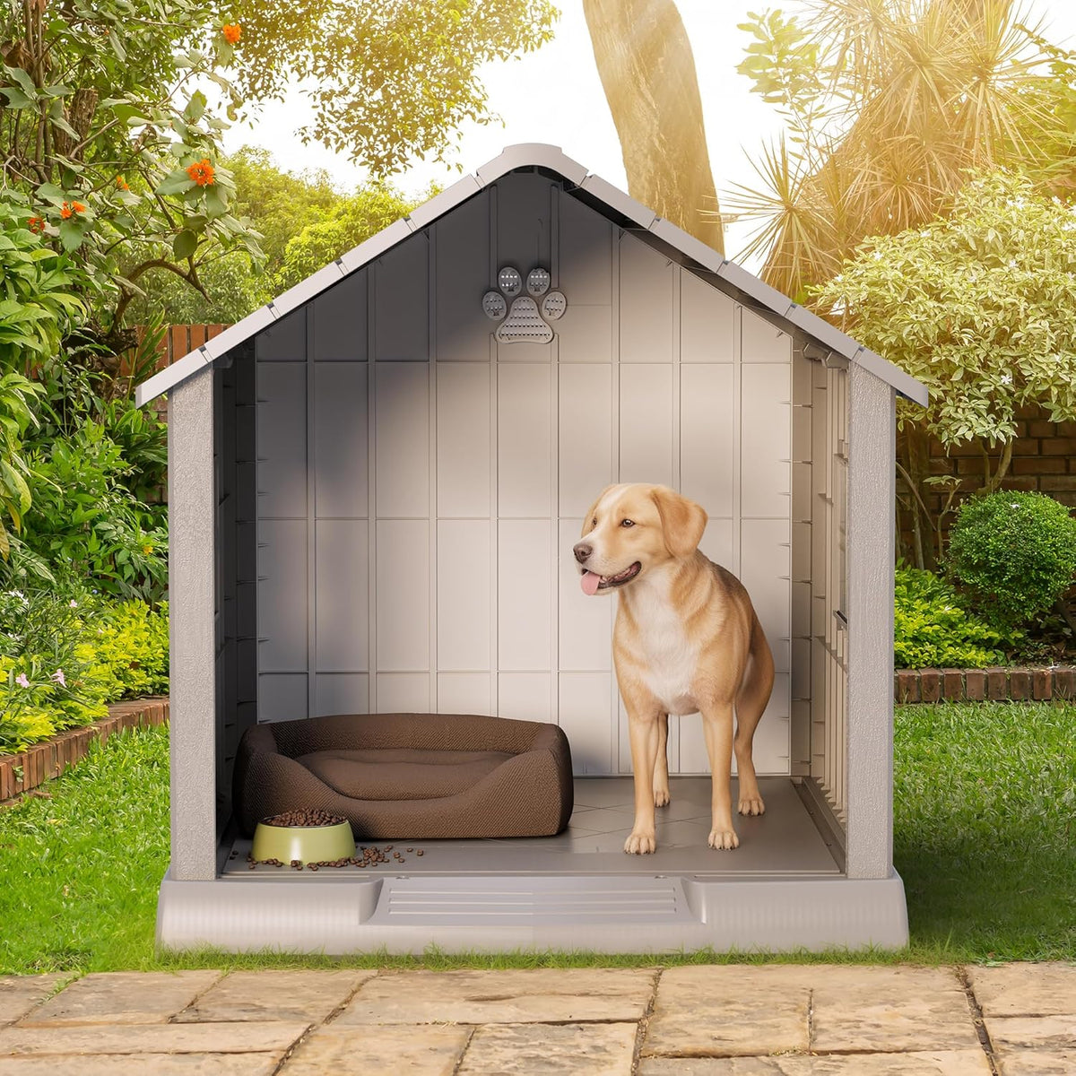 Large Dog House Outdoor Indoor for Medium Large Dogs, Durable Plastic Waterproof Doghouse with Air Vents and Elevated Floor, Easy Clean and Assemble (Grey, 37.2" L x 40" W x 40" H)