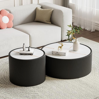 Round Coffee Table Set with Sintered Stone Tabletop, 29.52" Black Drum Center Table and 17.71" Black Coffee Table Set, 2 Pieces Living Room Table Set with Fluted PU Leather Cover& Stable Base