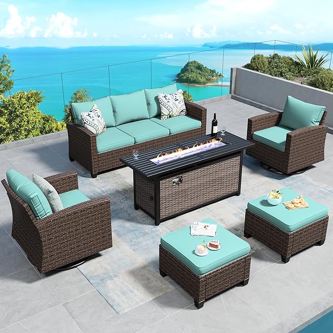 Swivel Glider Patio Furniture Set Outdoor Furniture Brown Wicker Rattan Patio Conversation Sets with Cushion Outside Sofa Set,5 Pieces with Rectangular Firepit Table,7 Seats,Blue