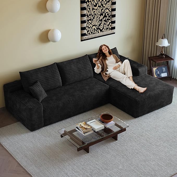 108" Sectional Couches for Living Room Modern Modular Sofa with L-Shape Couchs Upholstered Boneless Couch Deep Seat Sectional Couch with Chaise (Black, Right Facing Chaise+2Seaters)