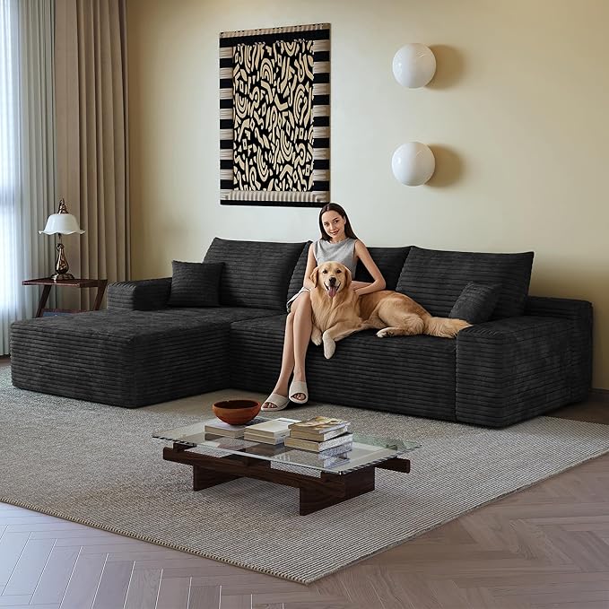 108" Sectional Couches for Living Room Modern Modular Sofa with L-Shape Couchs Upholstered Boneless Couch Deep Seat Sectional Couch with Chaise (Black, Left Facing Chaise+2Seaters)