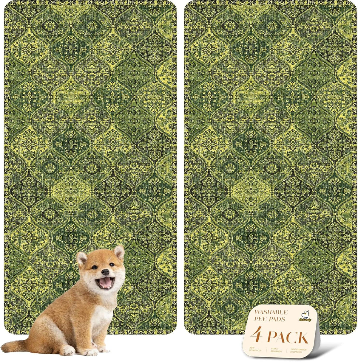 nunubaby 4PACK Washable Pee Pads for Dogs, Stylish, Non-Slip and Leak-Proof Pee Pads. Reusable Potty Pads for Dogs for Crates and Floors.(Green/Multi, 24" x48")