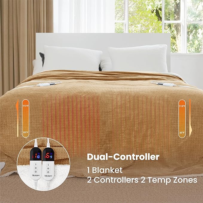 Heated Blanket Electric Blanket Queen Waffle, 84x90 Inches Dual Controllers