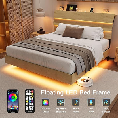 Floating Bed Frame Full Size with Charging Station & Led, Metal Platform Bed Base with Storage Headboard, Heavy Slats Support, No Box Spring Needed, Noise Free, Remote Control, Oak