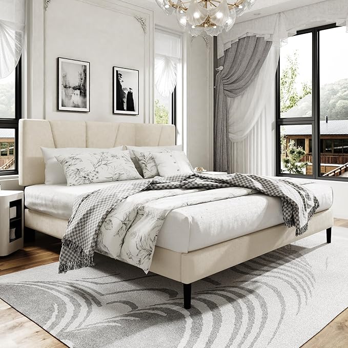 King Size Platform Bed Frame with Upholstered Headboard, Wooden Slats Support, Noise Free, No Box Spring Needed, Easy Assembly, Beige, Velvet