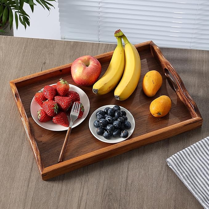 Nature Walnut Wooden Serving Tray with Handles, Solid Wood Food Tray for Coffee, Breakfast, Dinner, Ottoman,16.6x11.8x2.4 inches