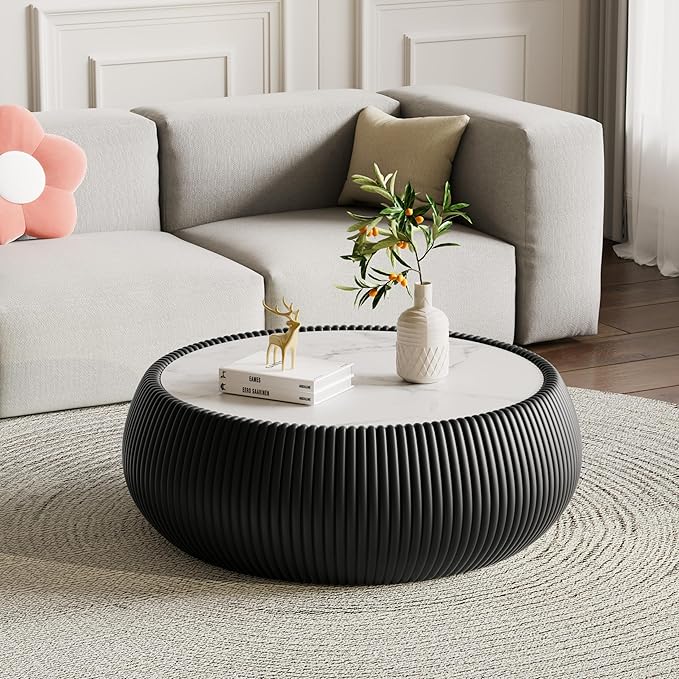 Black Round Coffee Table with Sintered Stone Tabletop, 27.55" Drum Coffee Table with Fluted PU Leather Covered and Stable Base, Circle Cocktail Tea Table for Living Room