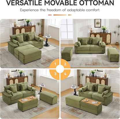 75" Corduroy Loveseat with Storage Ottoman & USB, Cloud Deep Seat Couch with Convertible Ottoman Coffee Table, Double Chaise Lounge for Living Room, Green
