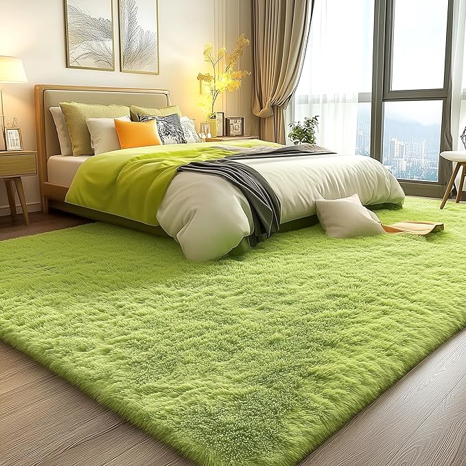 OLANLY 8x10 Machine Washable Large Area Rugs for Living Room, Bedroom, Soft Fluffy Shaggy Bedside Rug, Indoor Floor Carpet for Kids Girls and Boys, Dorms, Nursery, Home Decor Aesthetic, Grass Green