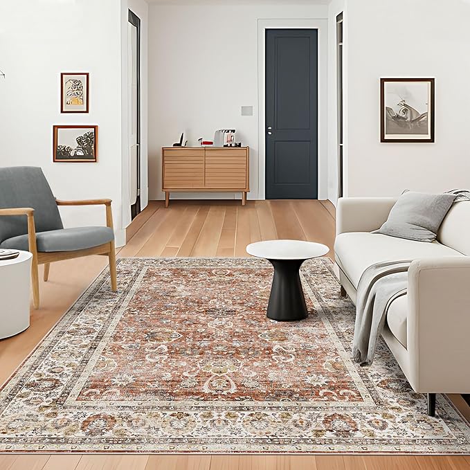Large 5x8 Area Rugs for Dining Room Machine Washable Rugs Boho 5x8 Rug for Living Room Carpet Non-Slip Family & Pet Friendly Area Rugs Print Floor Rug(Brick Red 5x8ft)