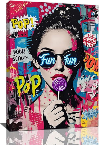Fashion Women Wall Art Glam Modern Artwork for Girls Banksy Street Graffiti Pop Art Canvas Pictures Painting Print Framed Decorations Gifts for Bedroom Living Room Office 16"x24"