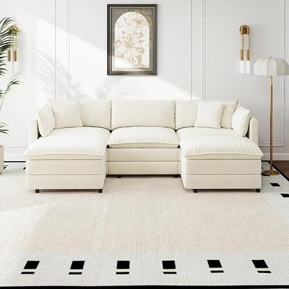 Aoowow Modular Sectional Sofa Modern Convertible U Shaped Couch,112.2 Inch Deep 3-Seater Sofas Set Comfy Chenille Cloud Sofas and Couches with Movable Ottoman for Living Room Apartment（Beige）