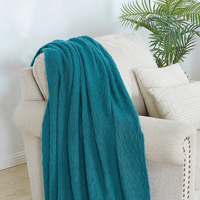 BOURINA Teal Throw Blanket 50x60 Inches Throw Textured Solid Soft Sofa Couch Decorative Knit Blanket