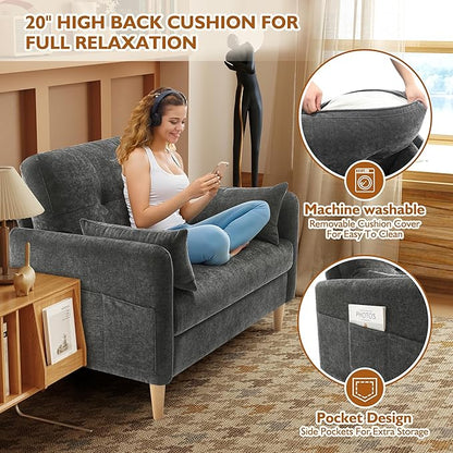 47" Small Sofa Couch for Bedroom, Soft Chenille loveseat Mini Couch with Throw Pillow and Removable Cushion Cover for Small Spaces, Living Room, Apartment, Dorm, Office(Dark Grey)