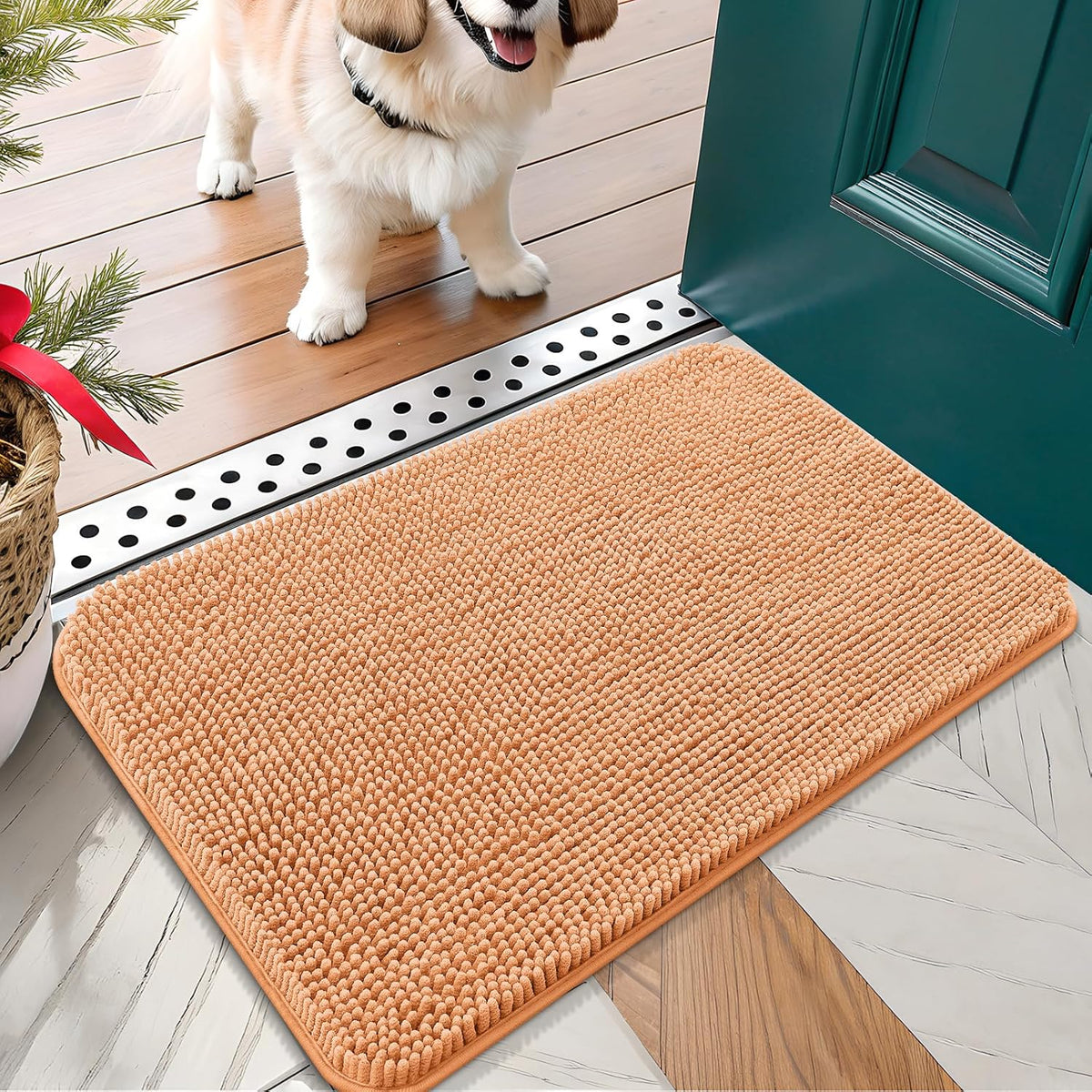 OLANLY Dog Door Mat for Muddy Paws 30x17, Absorbs Moisture and Dirt, Absorbent Non-Slip Washable Doormat, Quick Dry Chenille Mud Mat for Dogs, Entry Indoor Entryway Carpet for Inside Floor, Orange