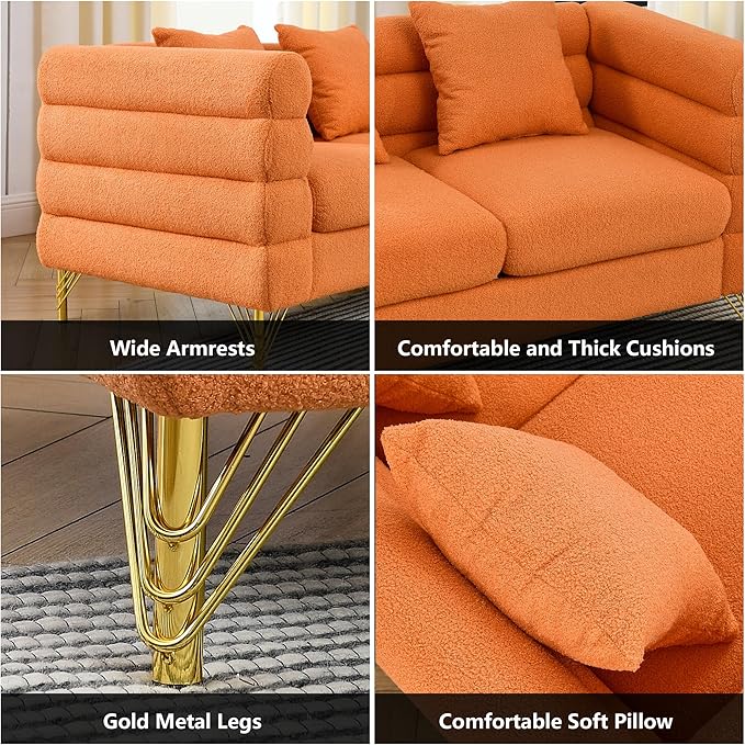 mikibama Modern Teddy Loveseat Sofa, 60 Inch Sectional Sofa Couch, Luxury 2 Seater Deep Couch with 2 Pillows and Gold Metal Legs for Living Room, Bedroom, Apartment (Orange)