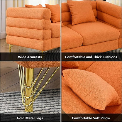 mikibama Modern Teddy Loveseat Sofa, 60 Inch Sectional Sofa Couch, Luxury 2 Seater Deep Couch with 2 Pillows and Gold Metal Legs for Living Room, Bedroom, Apartment (Orange)