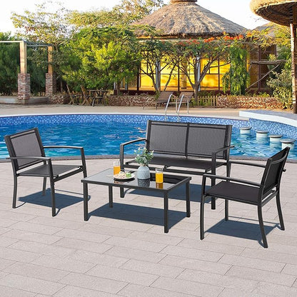 Vongrasig 4 Pieces Patio Furniture Sets,Outdoor Patio Conversation Sets with Glass Coffee Table, Small Porch Balcony Furniture, Patio Table and Chairs Set for Garden, Backyard (Black)