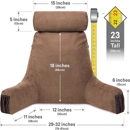 Husband Pillow Medium Aspen Edition Saddle Brown, Sit Up Reading & Bed Rest with Arms, Ultra-Comfy, Detach Neck Roll - Premium Shredded Memory Foam Backrest, Reverses to Micro: Suede or Plush