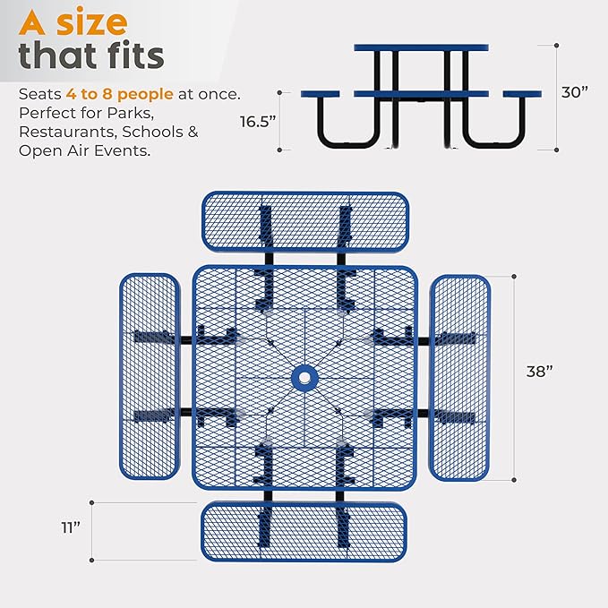 Metal Picnic Tables for Outdoors with Umbrella Hole - Coated Steel Heavy Duty Commercial Grade Furniture with Adjustable Seats (Blue, 38 in, Square)