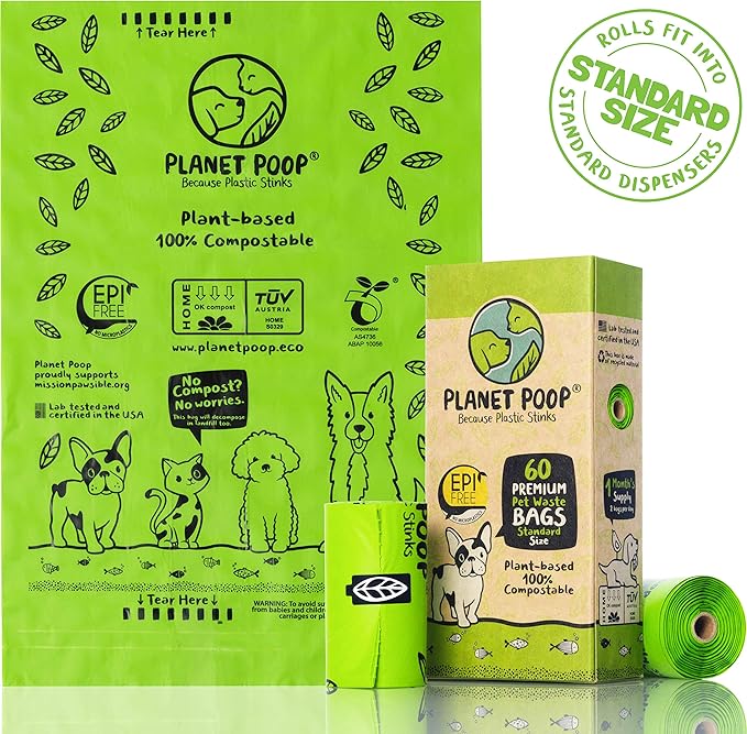 PLANET POOP Home Compostable Dog Poop Bags on Refill Rolls, 60 Un-Scented Pet Waste Bags, Thick Leakproof Plant-Based Doggy Bag, Cat & Dogs Supplies