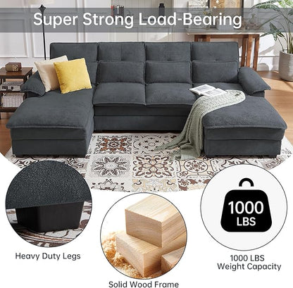 Jarenie 110“ Convertible Sectional Sofa, U Shape Cloud Couch, Comfy Couches with Double Chaise and Sleepable Armrests, 4 Seats Sectional Couches for Living Room, Dark Grey
