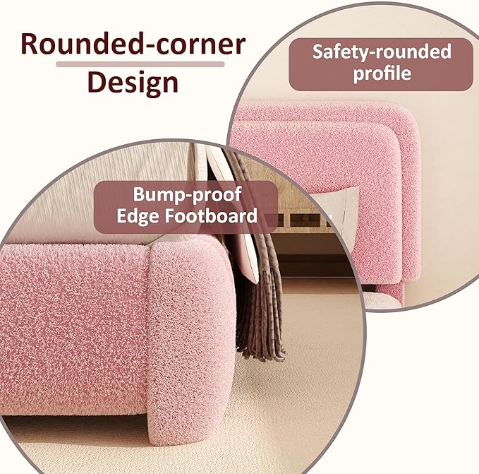 Twin Boucle Platform Bed Frame with Height Adjustable Headboard, Modern Upholstered Cloud Bed, Sleek Curved Design, No Box Spring Needed, Easy Assembly, Noise Free, Pink