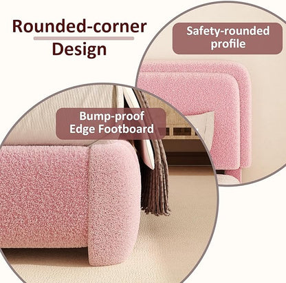 Twin Boucle Platform Bed Frame with Height Adjustable Headboard, Modern Upholstered Cloud Bed, Sleek Curved Design, No Box Spring Needed, Easy Assembly, Noise Free, Pink