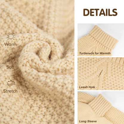 cyeollo Dog Sweater Knitwear with Leash Hole Turtleneck Pullover Sweaters Fall Winter Dog Clothes Sweaters for Large Dogs, Beige XXXL