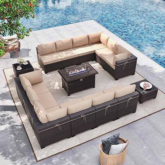 Gotland 15 Pieces Patio Furniture Set with Fire Pit Table, All Weather Rattan Outdoor Furniture with 29.5'' High Backrest 4’’ Thick Cushions Coffee Table, Patio Set for Porch, Deck, Backyard, Khaki