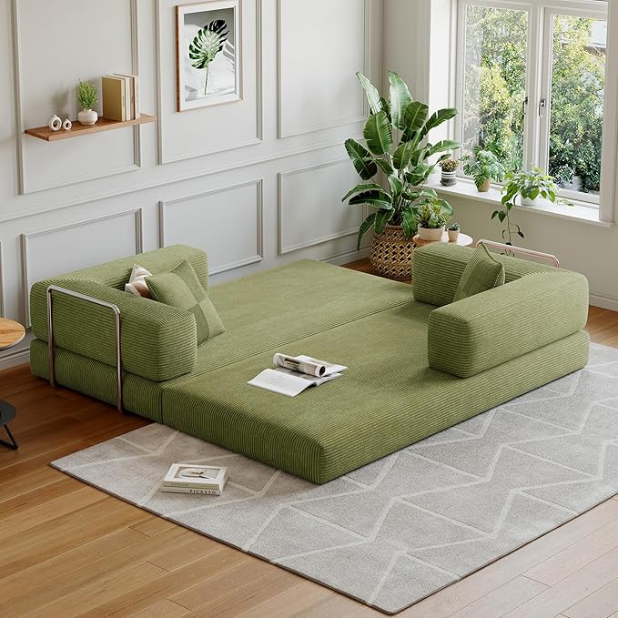 78.8''Convertible Sleeper Sofa Bed,Compressed Floor Boneless Couch,Modular Modern Corduroy Sofa for Living Room Bedroom -with Fixed-Shape Frame and Support Armrest,Easy Assembly(Fruit Green)