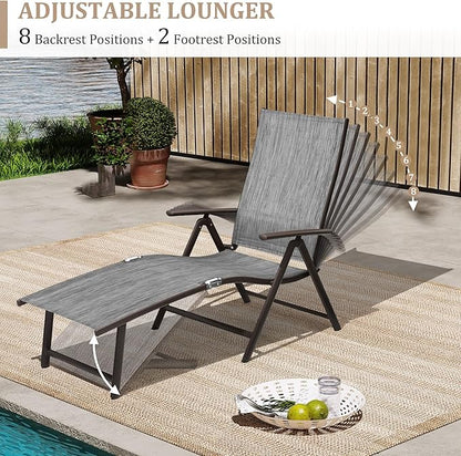 VredHom 2PCS Patio Chaise Lounge Outdoor Folding Adjustable Lounge Chair Recliner with 8 Adjustable Backrest Positions for Pool Beach Yard, Dark Gray Textliene and Brown Aluminum Frame
