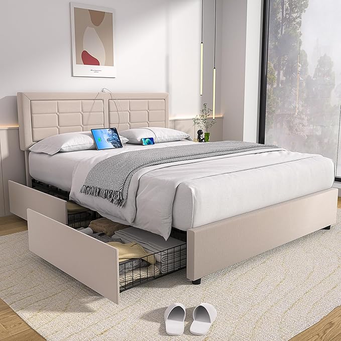 VECELO Queen Size Bed Frame with 4 Drawers, Adjustable Tufted Button Headboard, Upholstered Platform with Wood Slats Support, Built-in USB and Type C Ports, Beige