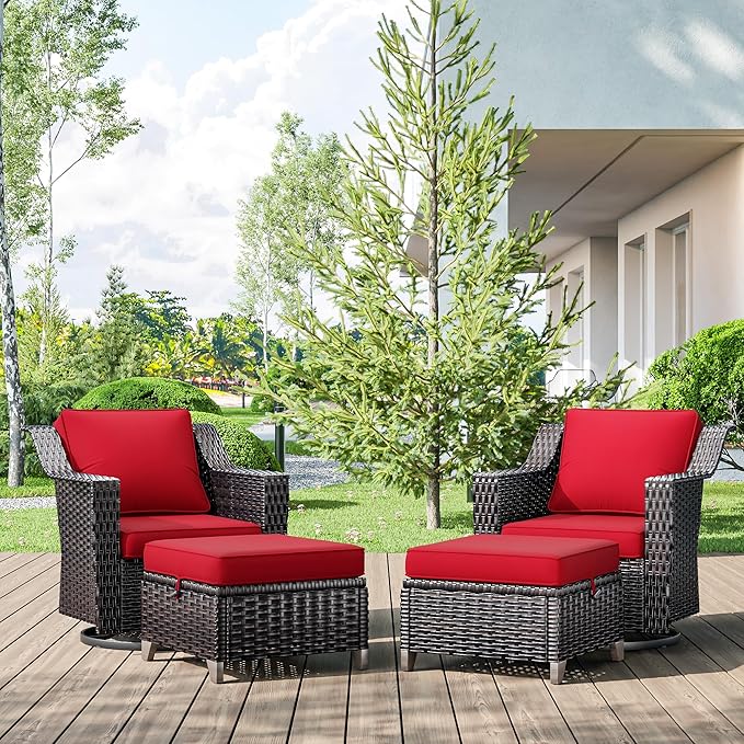4 Pieces Wicker Patio Furniture, Luxury Outdoor Furniture with 2 Patio Swivel Chai and 2 Patio Ottoman, Wide Armrest, Thickened Cushions, Ideal for Deck, Porch Use