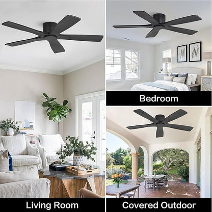 WINGBO 48" Flush Mount DC Ceiling Fans Without Lights, 5 Carved Solid Wood