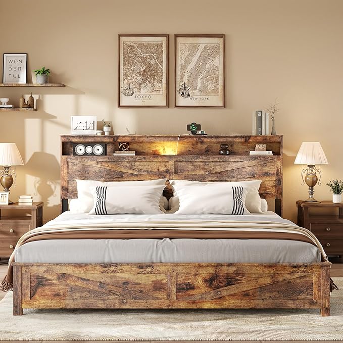 Farmhouse King Size Bed Frame with Headboard Storage Shelf, Wood Platform Bed Frame with LED Lights & Charging Station, Rustic Brown Metal Bed, No Box Spring Needed, Noise-Free Sturdy Structure