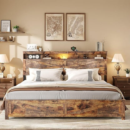 Farmhouse King Size Bed Frame with Headboard Storage Shelf, Wood Platform Bed Frame with LED Lights & Charging Station, Rustic Brown Metal Bed, No Box Spring Needed, Noise-Free Sturdy Structure