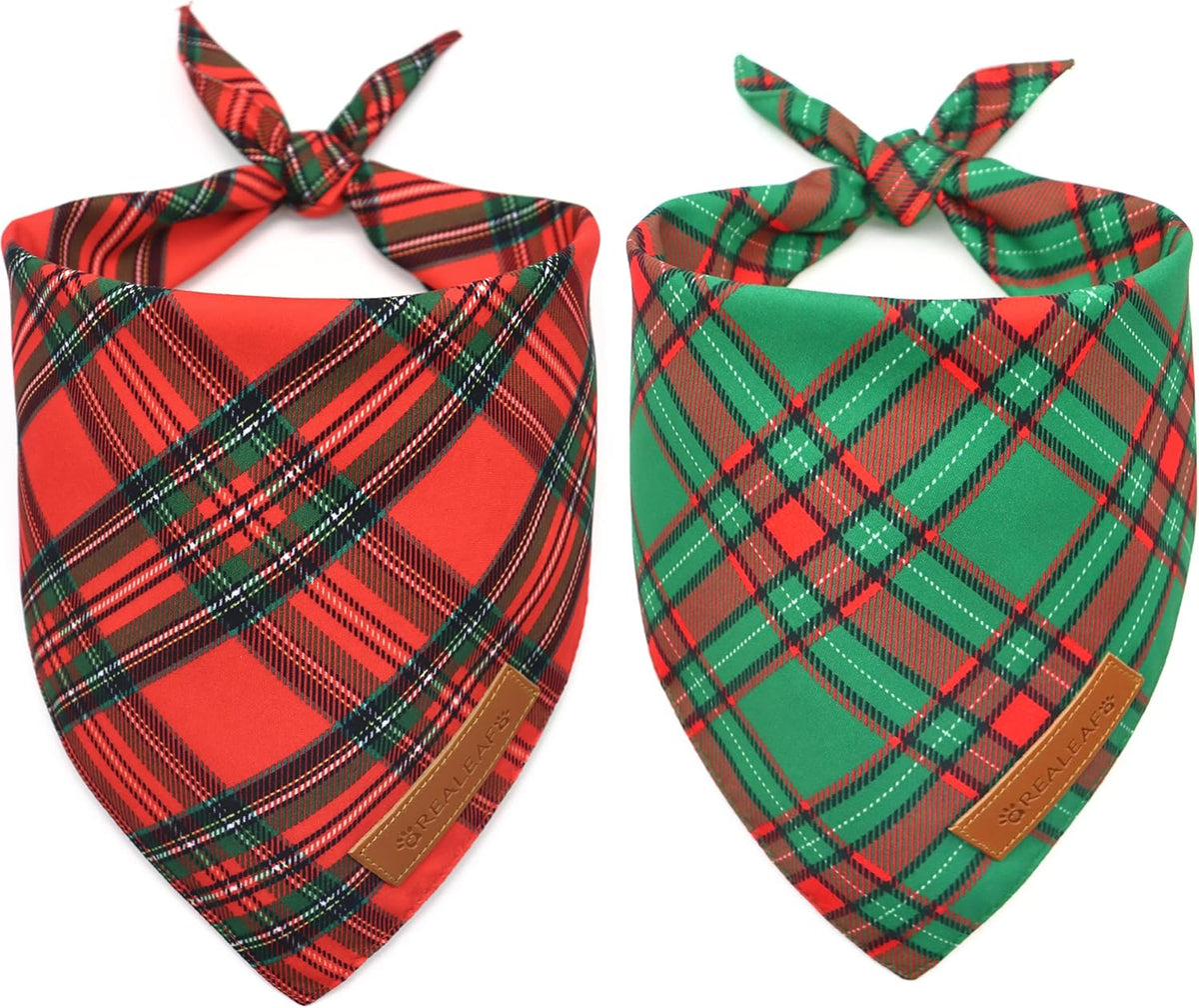 Realeaf Christmas Dog Bandanas 2 Pack, Reversible Red Green Plaid Dog Scarf, Xmas Pet Bandana for Boy and Girl, Premium Durable Fabric, Holiday Check Bandana for Small and Medium Dogs Pets (Small)