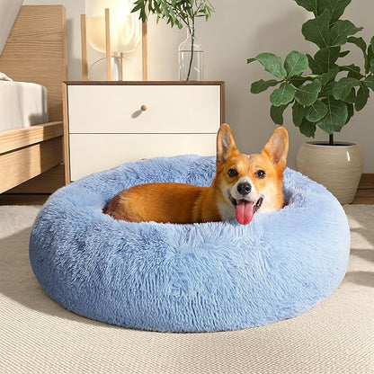 Western Home Calming Donut Small Dog Cat Bed Washable Puppy Bed,24" | Fluffy Faux Fur Round Cuddler,Anti-Anxiety,Anti-Slip Bottom,Pet Beds for Puppy&Small Dog&Large Cat,Up to 25 LBS Light Blue