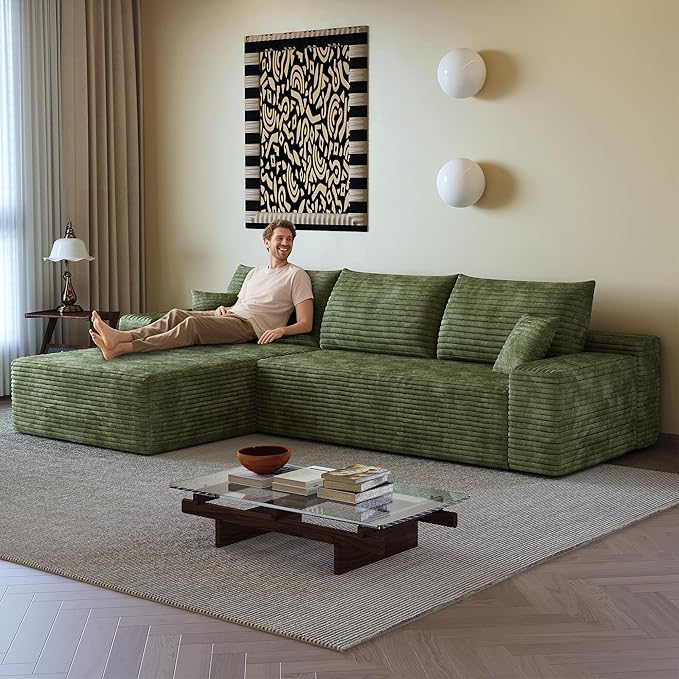 108" Sectional Couches for Living Room Modern Modular Sofa with L-Shape Couchs Upholstered Boneless Couch Deep Seat Sectional Couch with Chaise (Green, Left Facing Chaise+2Seaters)