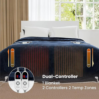 Heated Blanket Electric Blanket King Waffle, 90x100 Inches Sherpa Fleece Fast
